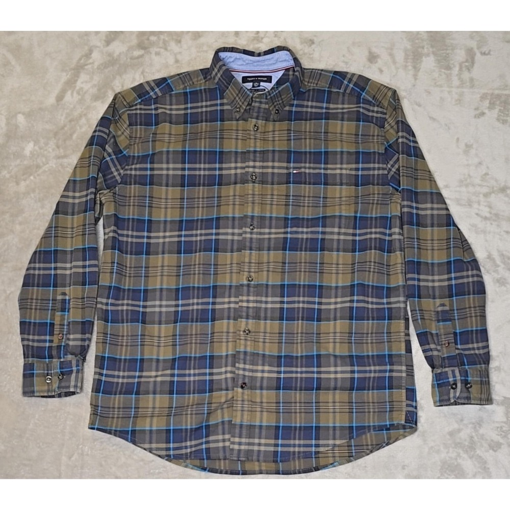 Tommy Hilfiger Shirt Mens XL Olive Green Blue Plaid Flannel Stretch Chest Pocket